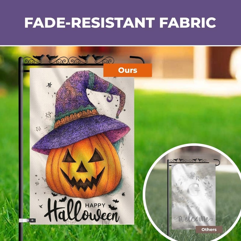 KarvePro Happy Halloween Garden Flag 12x18 Inch – Pumpkin with Purple Hat, Double Sided Burlap Fall Yard Flag for Outside - Image 4